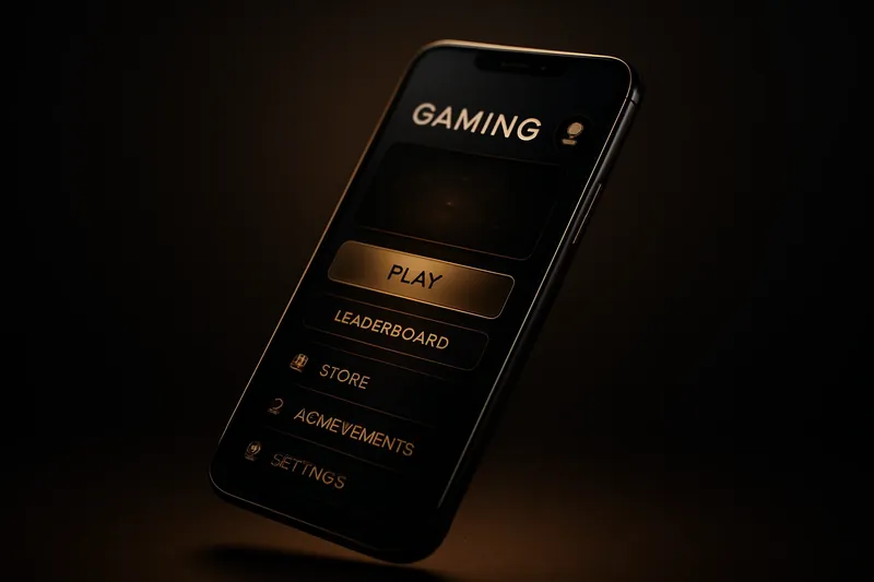 Modern smartphone floating with dark premium gaming app UI and glow