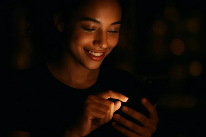 Young person smiling while tapping phone in warm screen light
