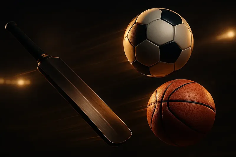 Cricket gear with football and basketball floating in neon stadium atmosphere