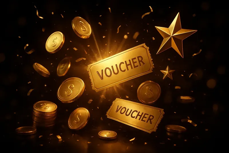 Golden coins, voucher tickets, and stars exploding from bright flash