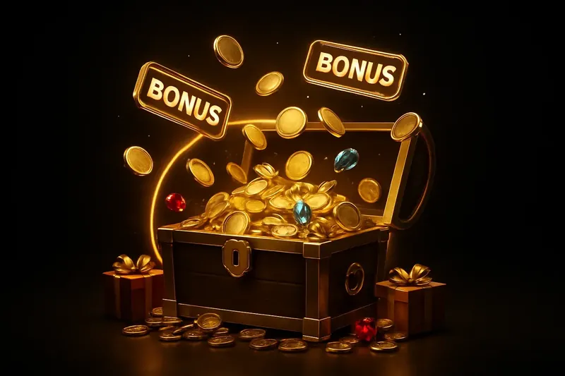 Golden treasure chest bursting with coins, gems, gifts, and bonus tags