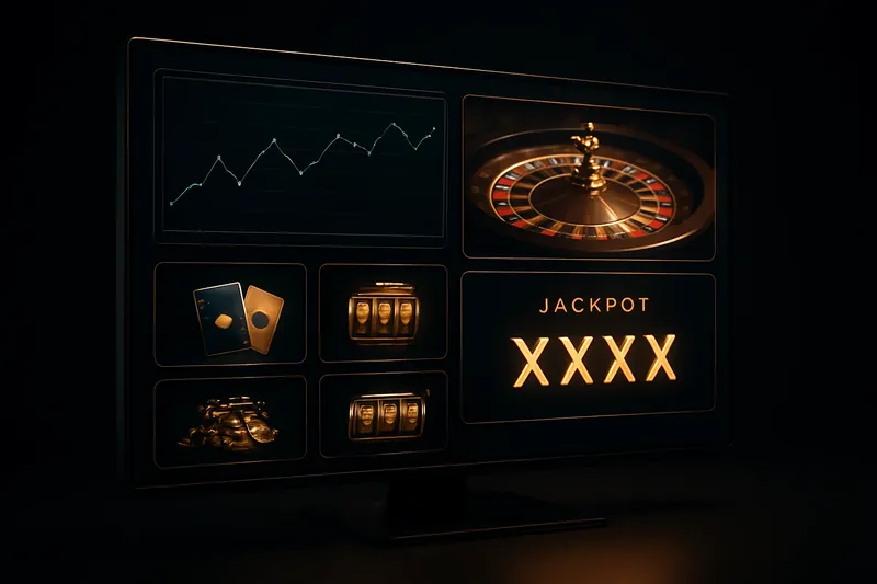 High-detail 3D casino dashboard with roulette feed, graphs, jackpot counter