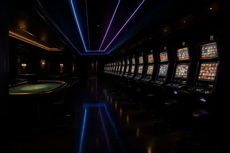 Wide-angle dark casino interior with slot machines and live dealer table
