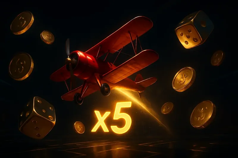 Red airplane soaring with glowing multiplier trail, coins and dice floating