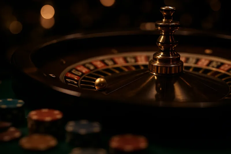Close-up roulette wheel spinning with golden ball, chips and bokeh lights