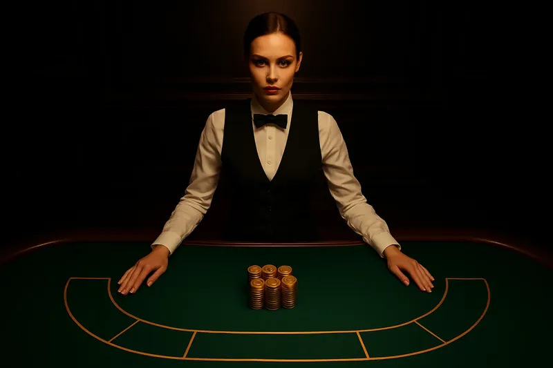Professional female dealer behind green felt table with golden chips