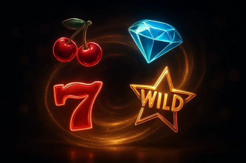 Colorful slot symbols floating in a magical neon swirl on dark background
