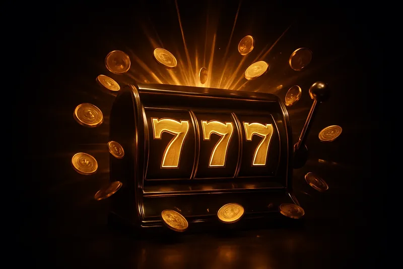 Slot machine jackpot with golden 777 reels, coins and neon light beams